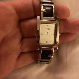 Guess Silver and Black Vegan Leather Rectangular Watch